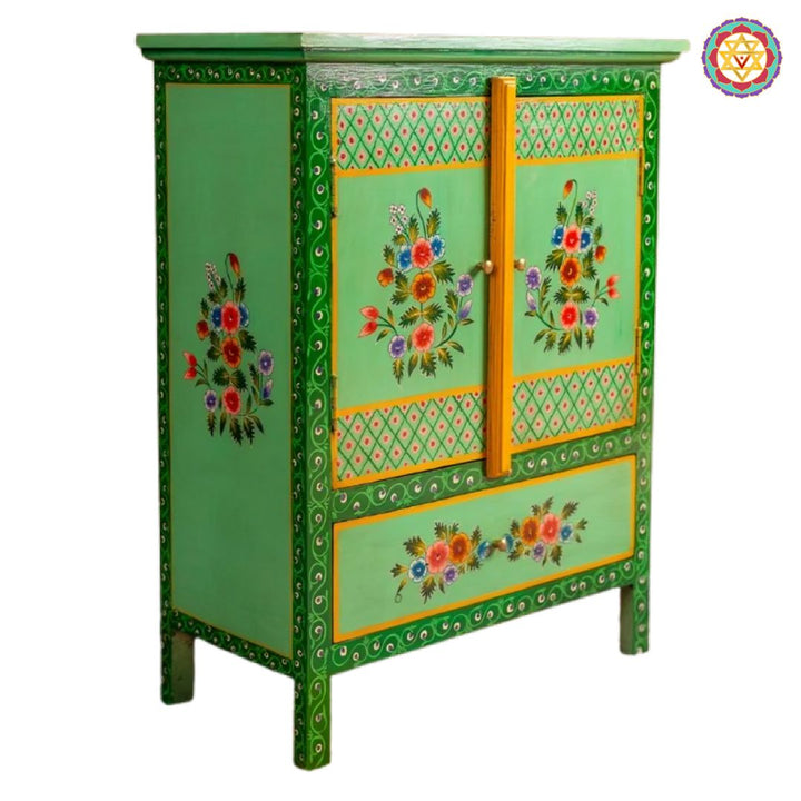 Detailed wooden storage cabinet showcasing vibrant handpainted flowers and artisan craftsmanship.