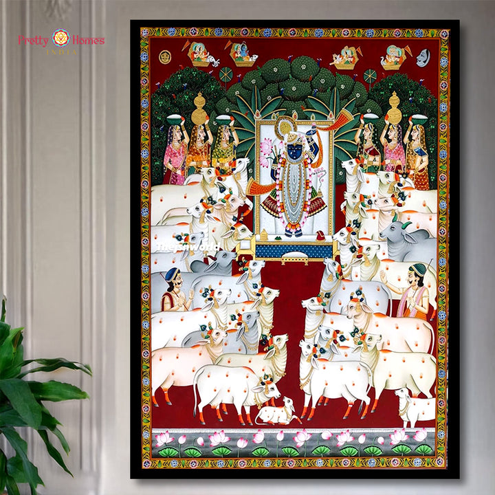 Handpainted Gopashtami Shrinathji Pichwai with gopikas wall art