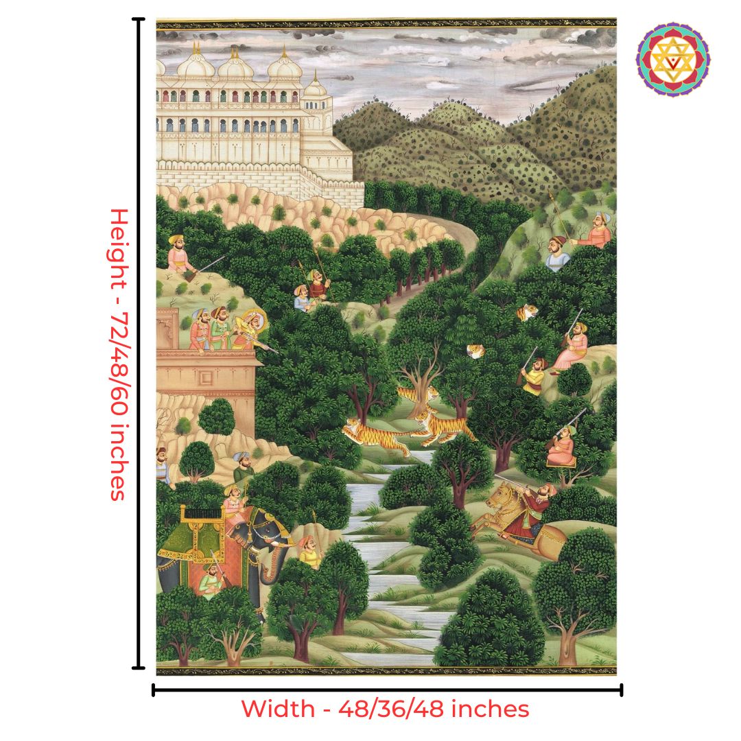pichwai painting forest hunting scene with intricate detailing