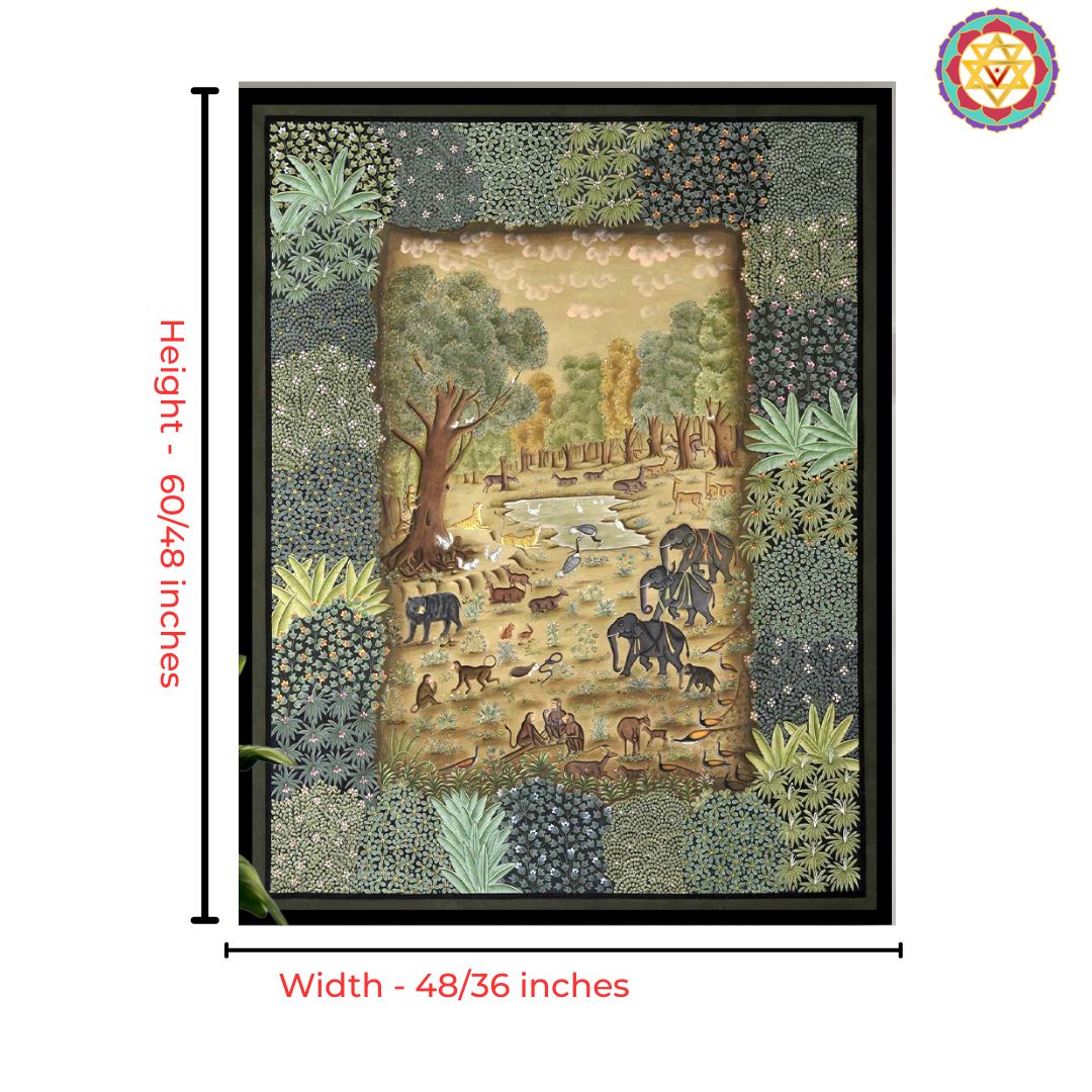 pichwai painting forest scene with lotus and animal motifs