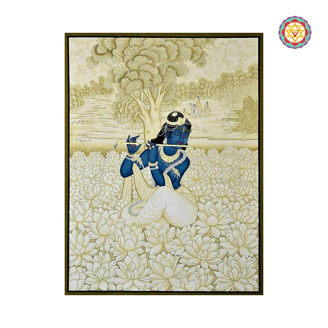 pichwai painting krishna playing flute surrounded by lotuses