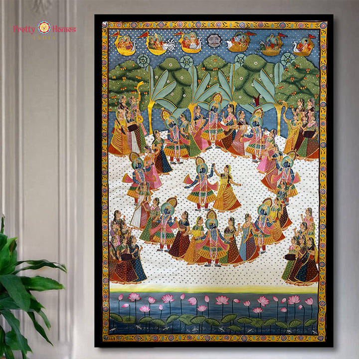 Handpainted Krishna Raas Leela Pichwai with lotus detailing wall art