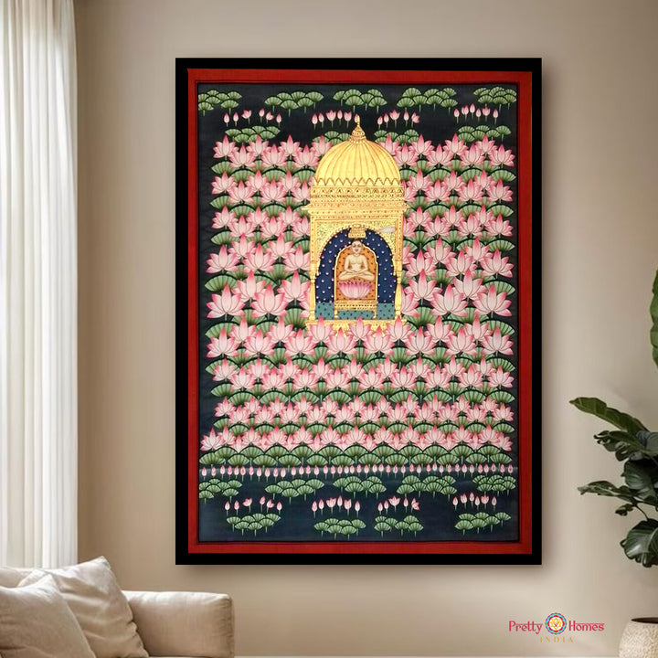 Handpainted Mahavira Pichwai lotus Jain wall art