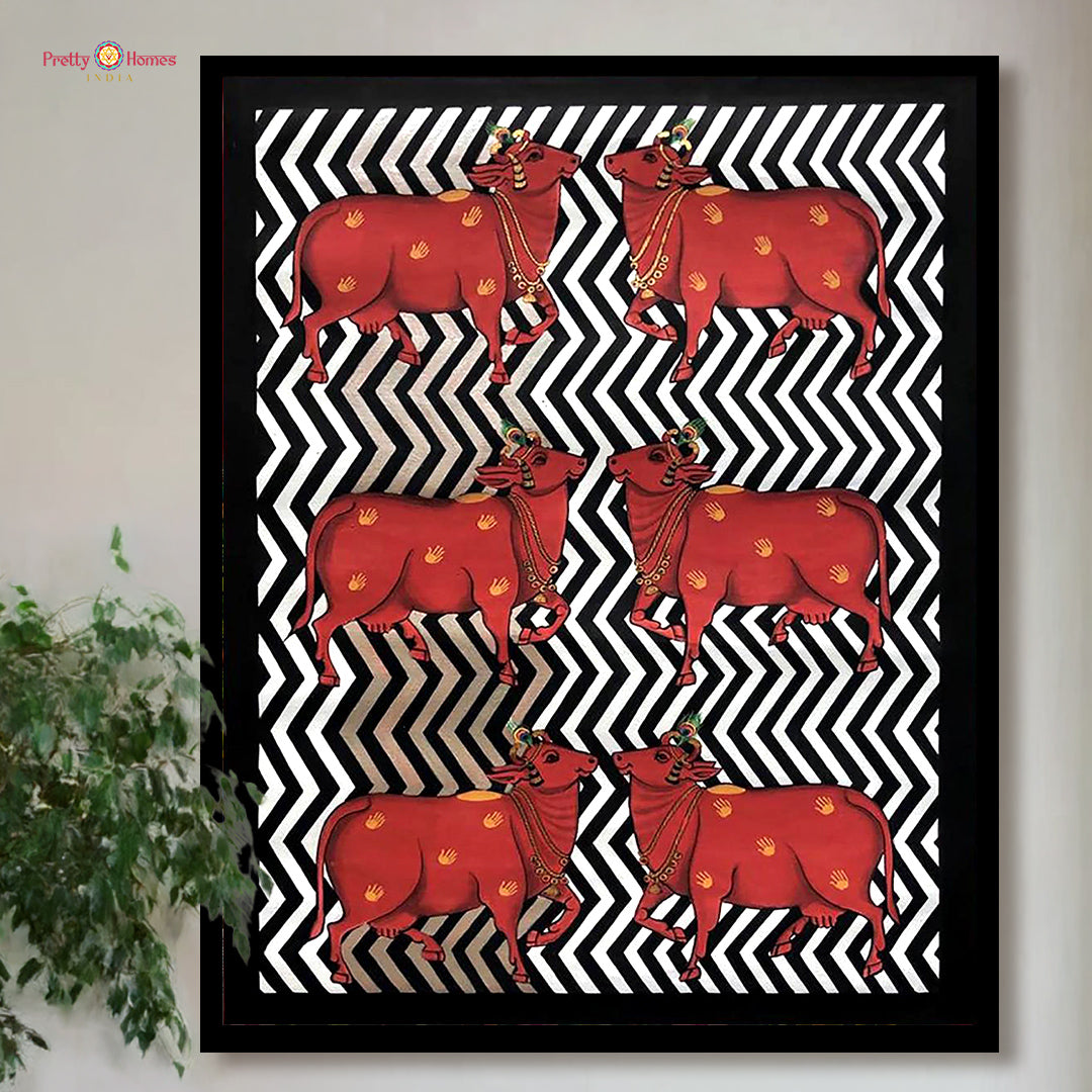 Handpainted Pichwai cow painting on rustic red background