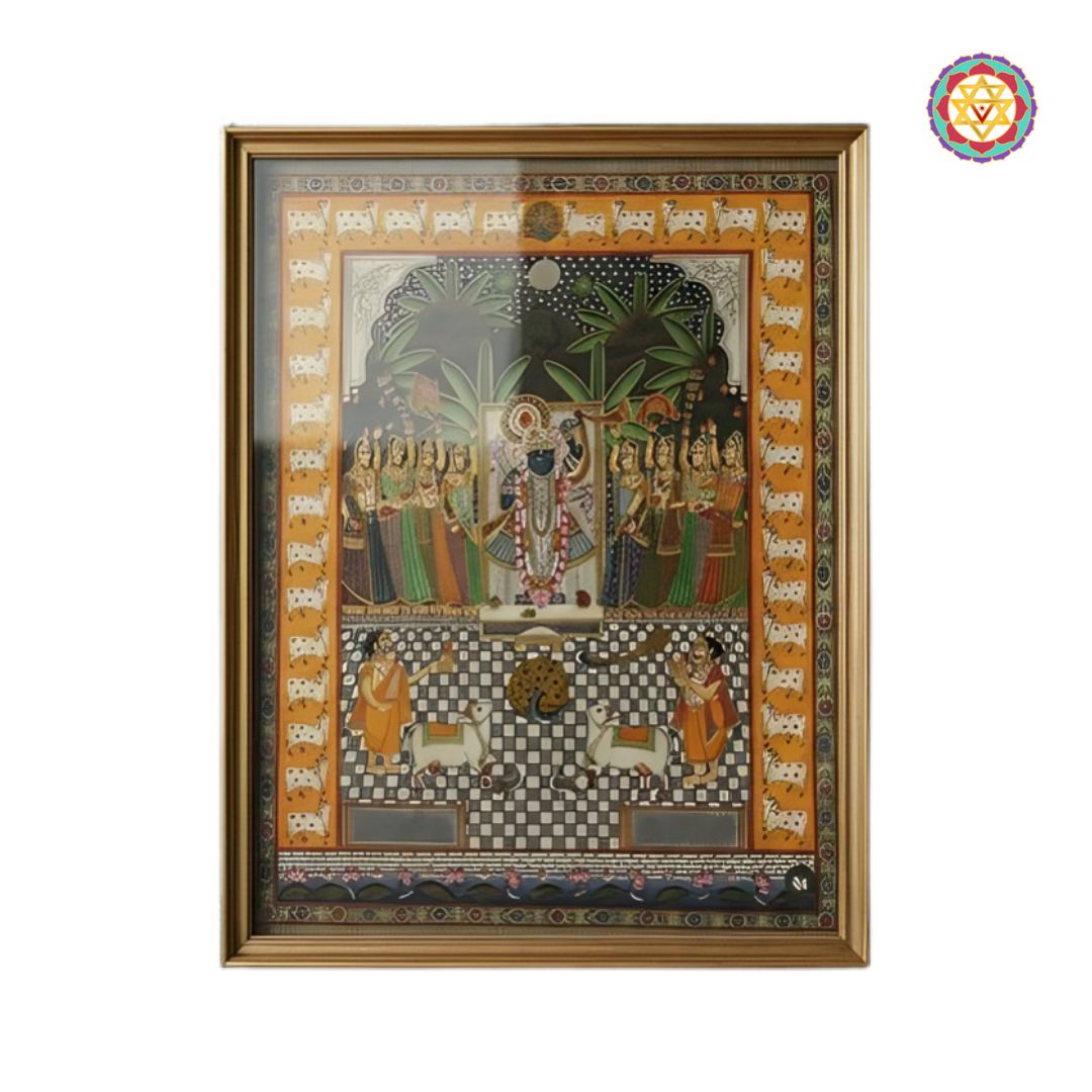 pichwai painting with gopikas and intricate cow border artwork