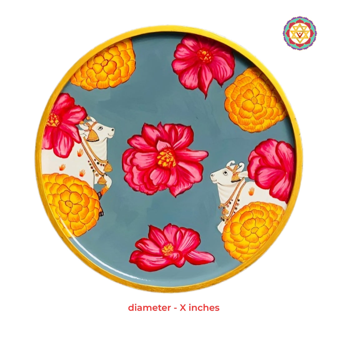 Traditional handpainted Pichwai cow wall plate with intricate floral motifs for premium home decor