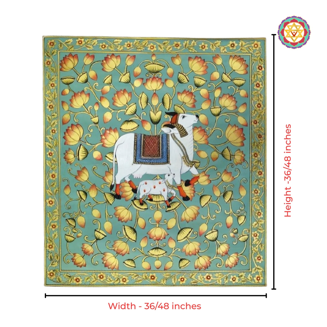 Traditional Pichwai sacred cows artwork with golden lotus pond detailing in heritage decor style