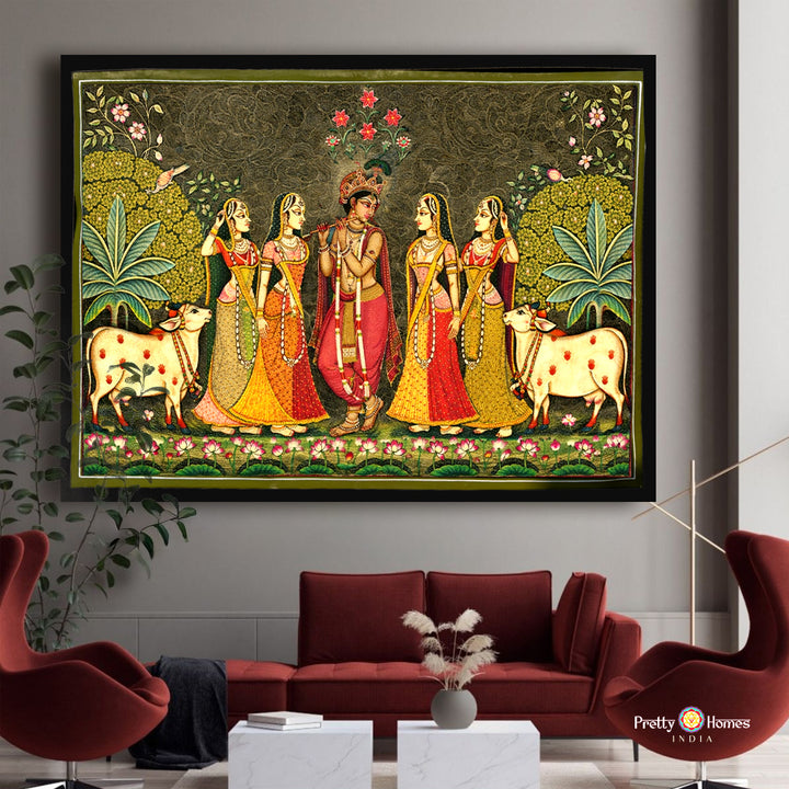 Handpainted Pichwai Flute Krishna with Gopikas Wall Art