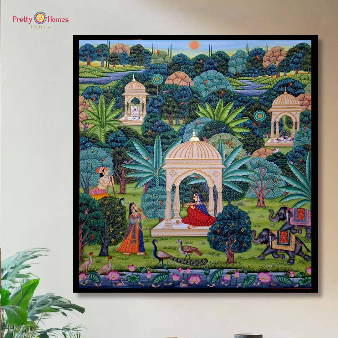 Handpainted forest scene Pichwai with queen, gopikas, and jharokha motifs