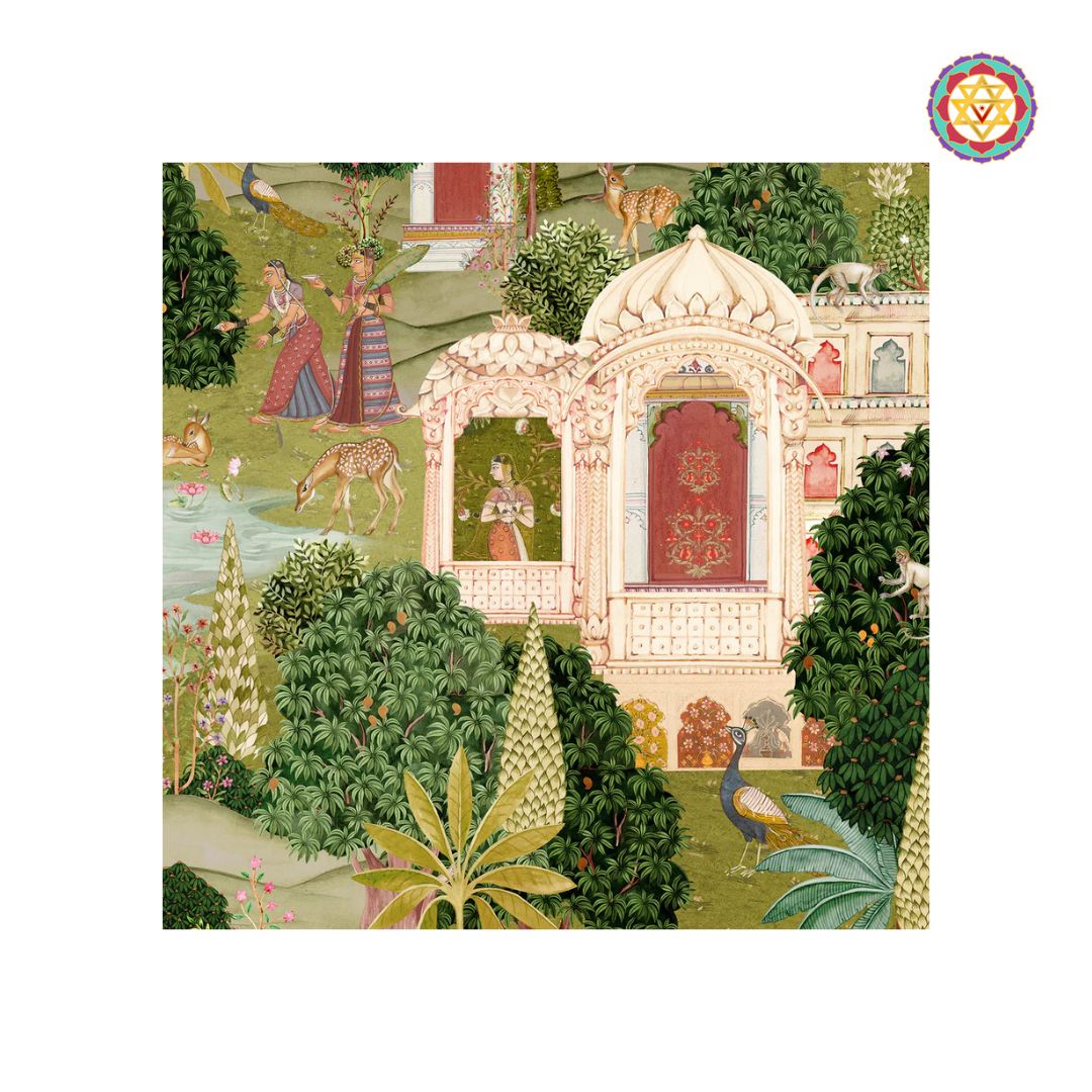 pichwai wall art with gopikas trees and traditional jharoka design