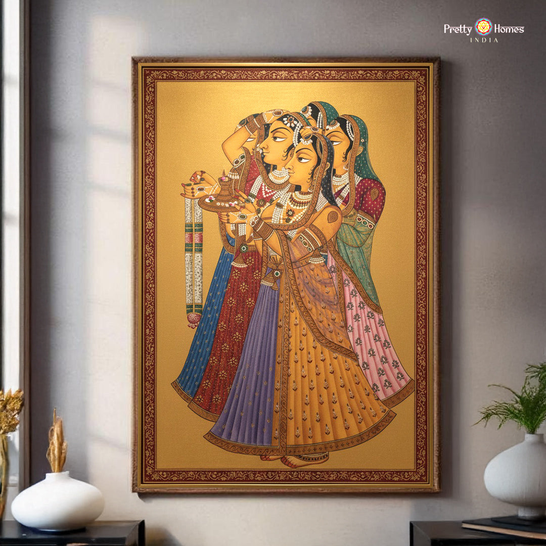 Handpainted Pichwai Gopikas welcoming with garlands wall art