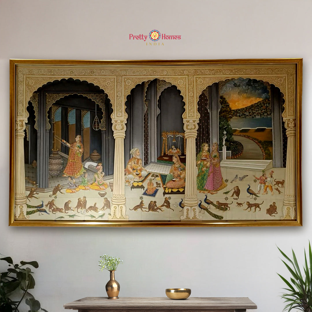 Handpainted Pichwai Palace Scenes with Kings and Queens with Sevadars