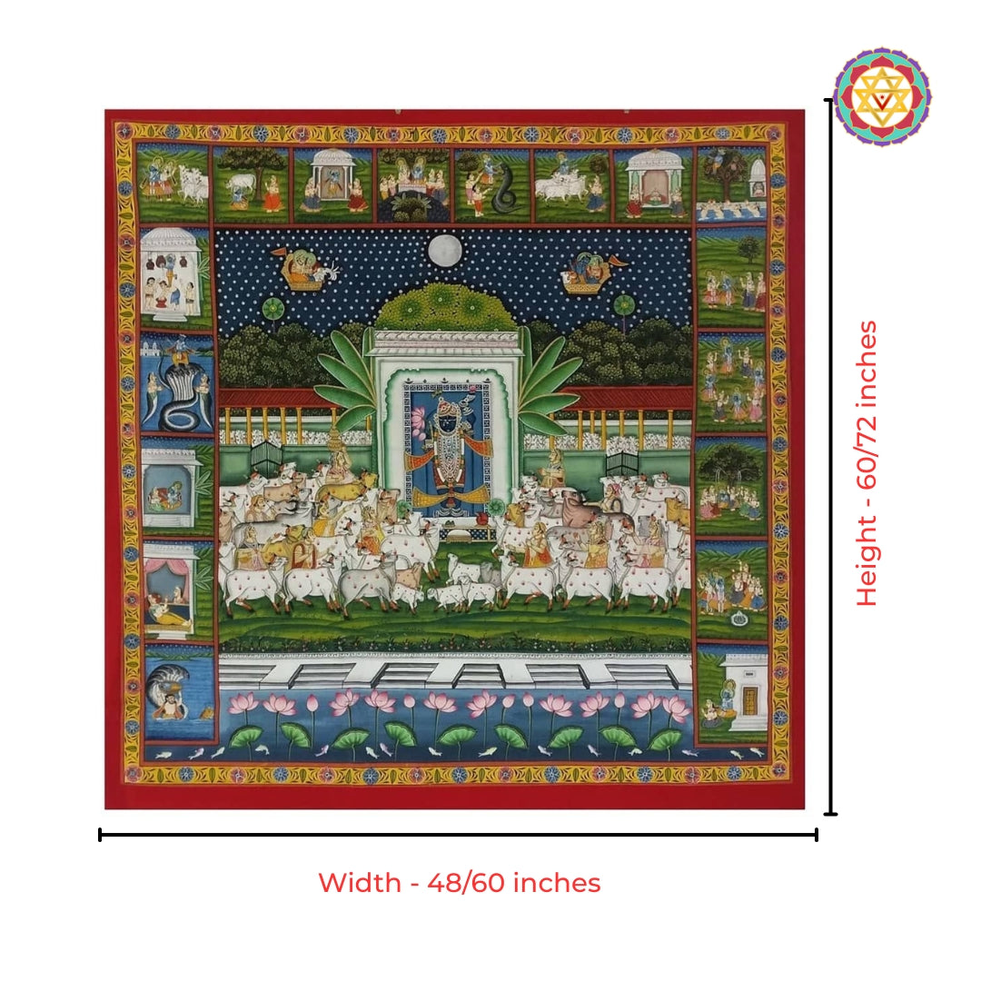 Intricate border Shrinathji Pichwai artwork depicting traditional leela scenes in heritage style