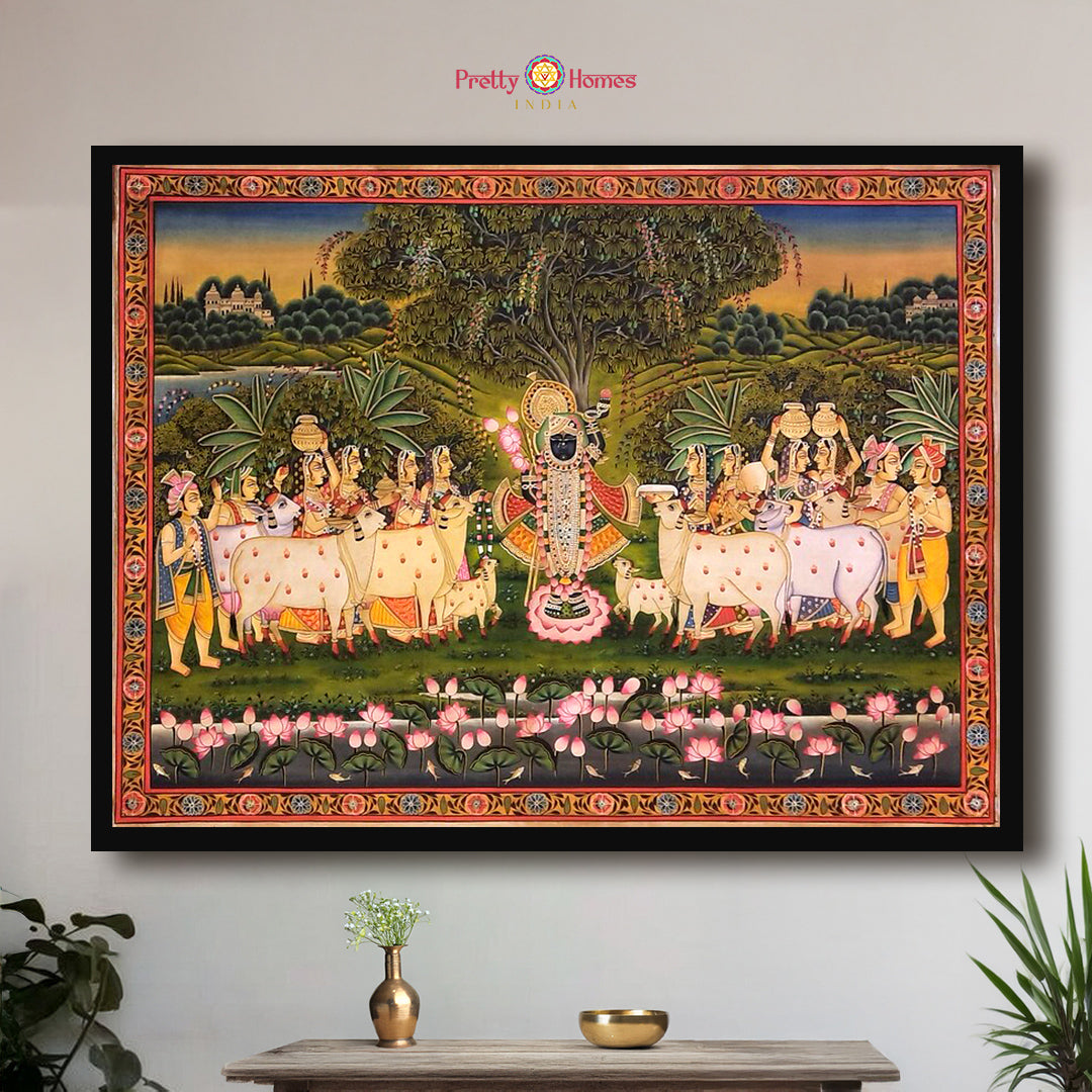Handpainted Pichwai Shrinathji Amidst Cows and Cowherds