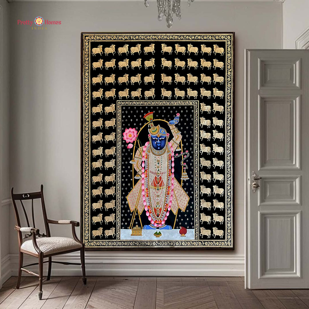 handpainted pichwai shrinathji with sacred cows