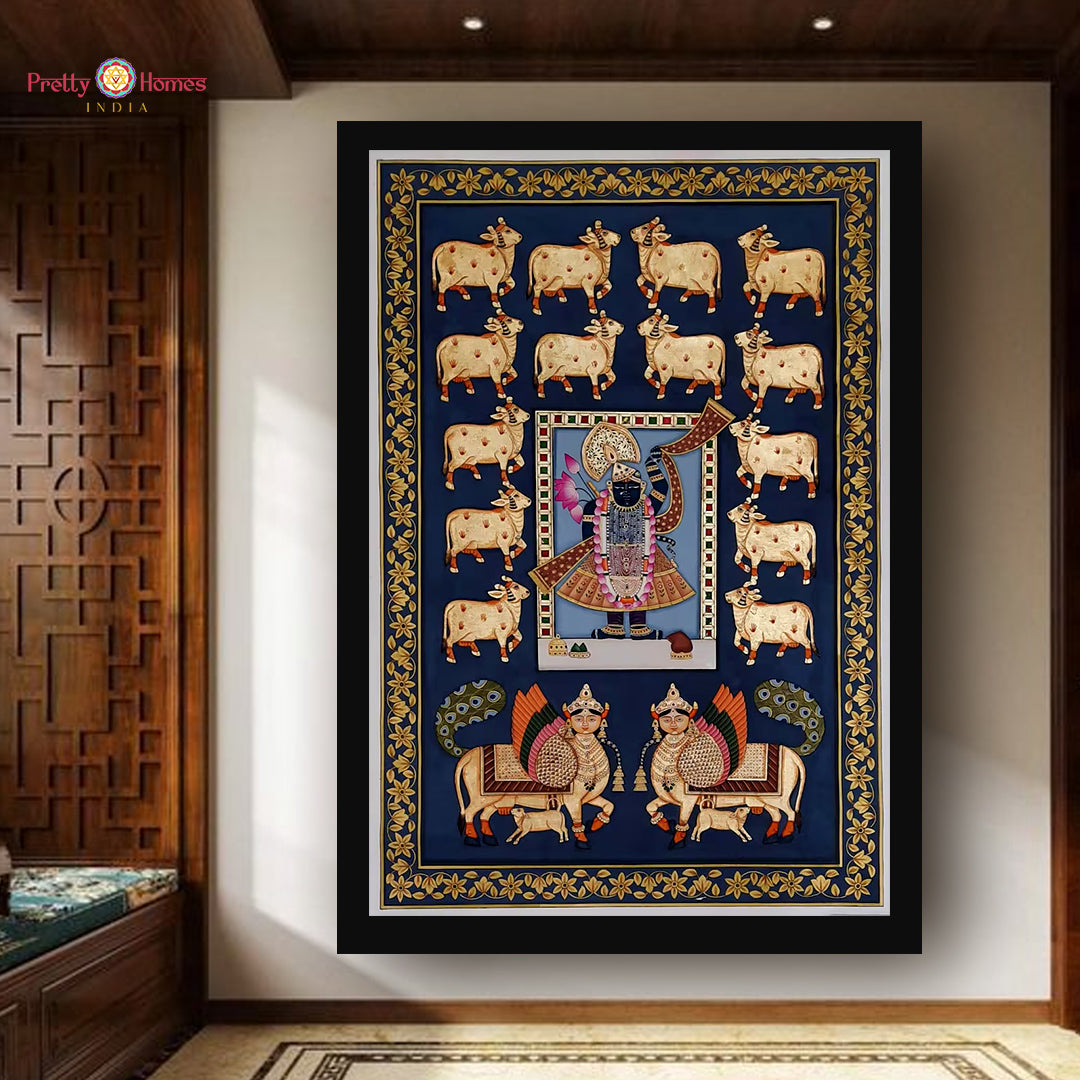 Handpainted Pichwai Shrinathji Darshan with Kamdhenu