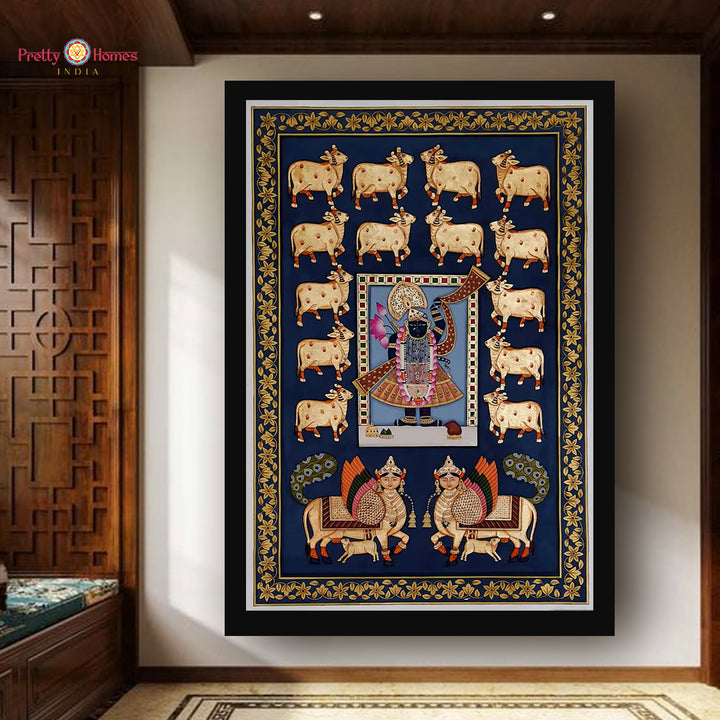 Handpainted Pichwai Shrinathji Darshan with Kamdhenu