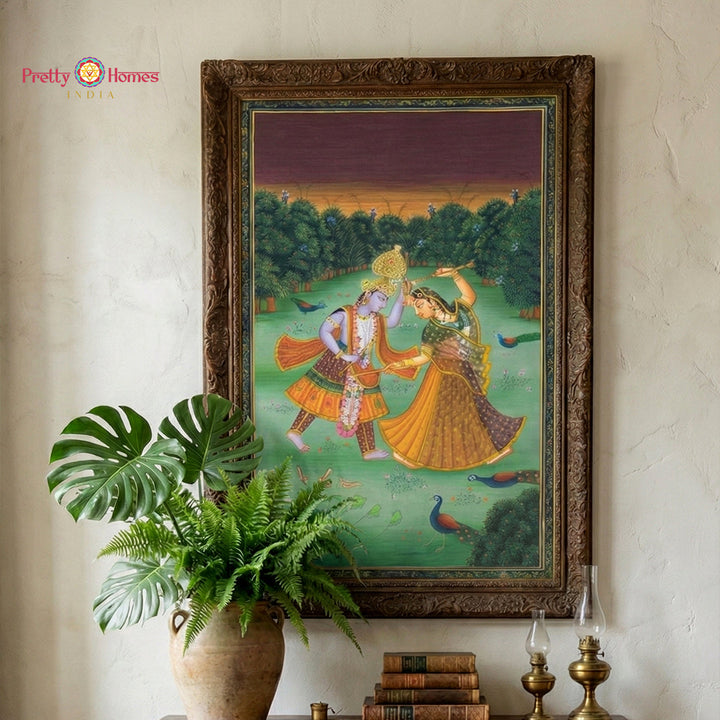 Handpainted Radha Krishna Raas Pichwai painting in garden scene traditional devotional wall art