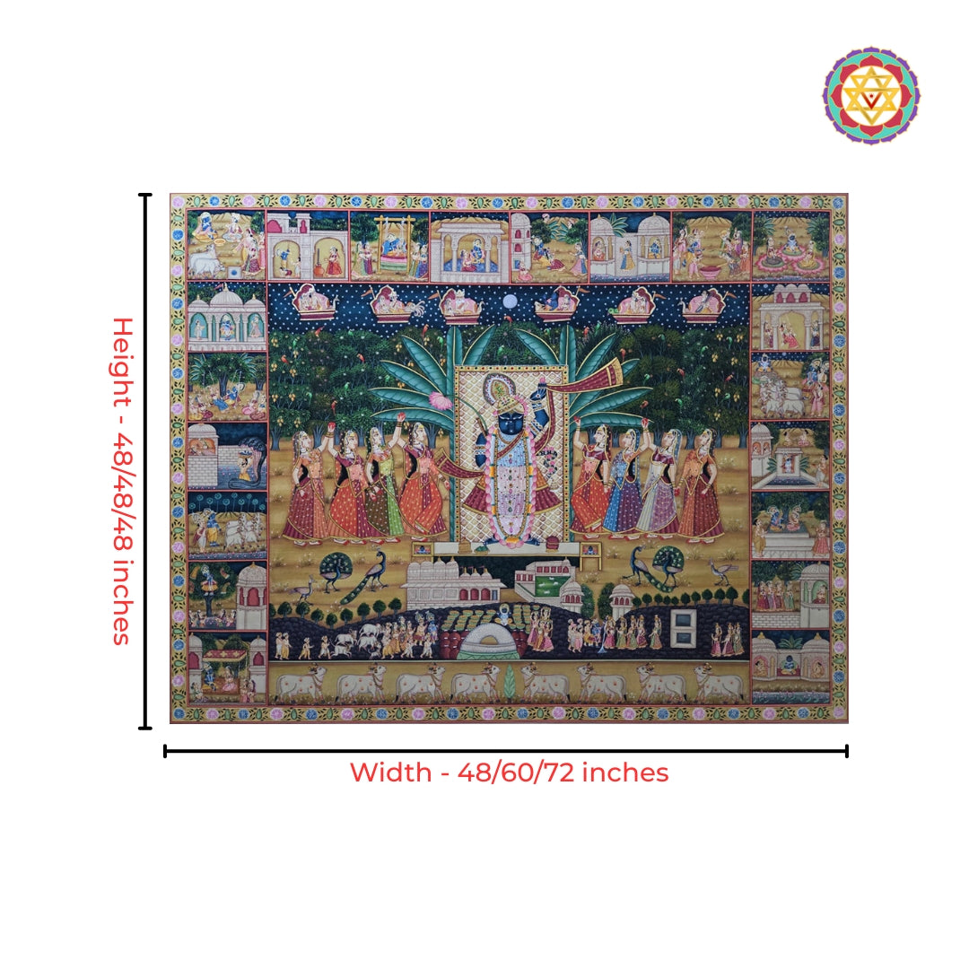 Handpainted Pichwai depicting Shrinathji and Leela border