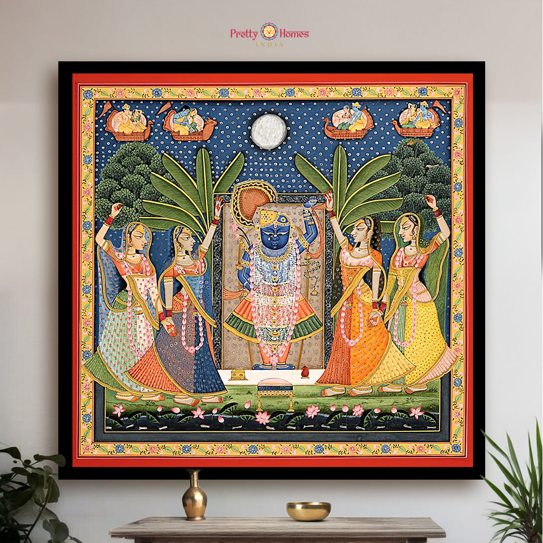 Handpainted Sharad Swaroop Shrinathji Pichwai with gopikas wall art