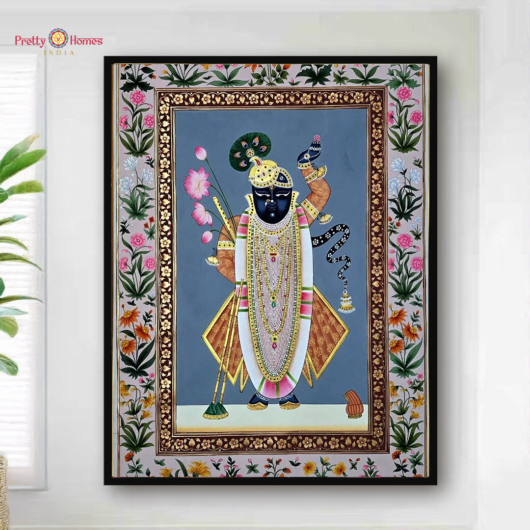 Handpainted Shrinathji Darshan Pichwai with floral border