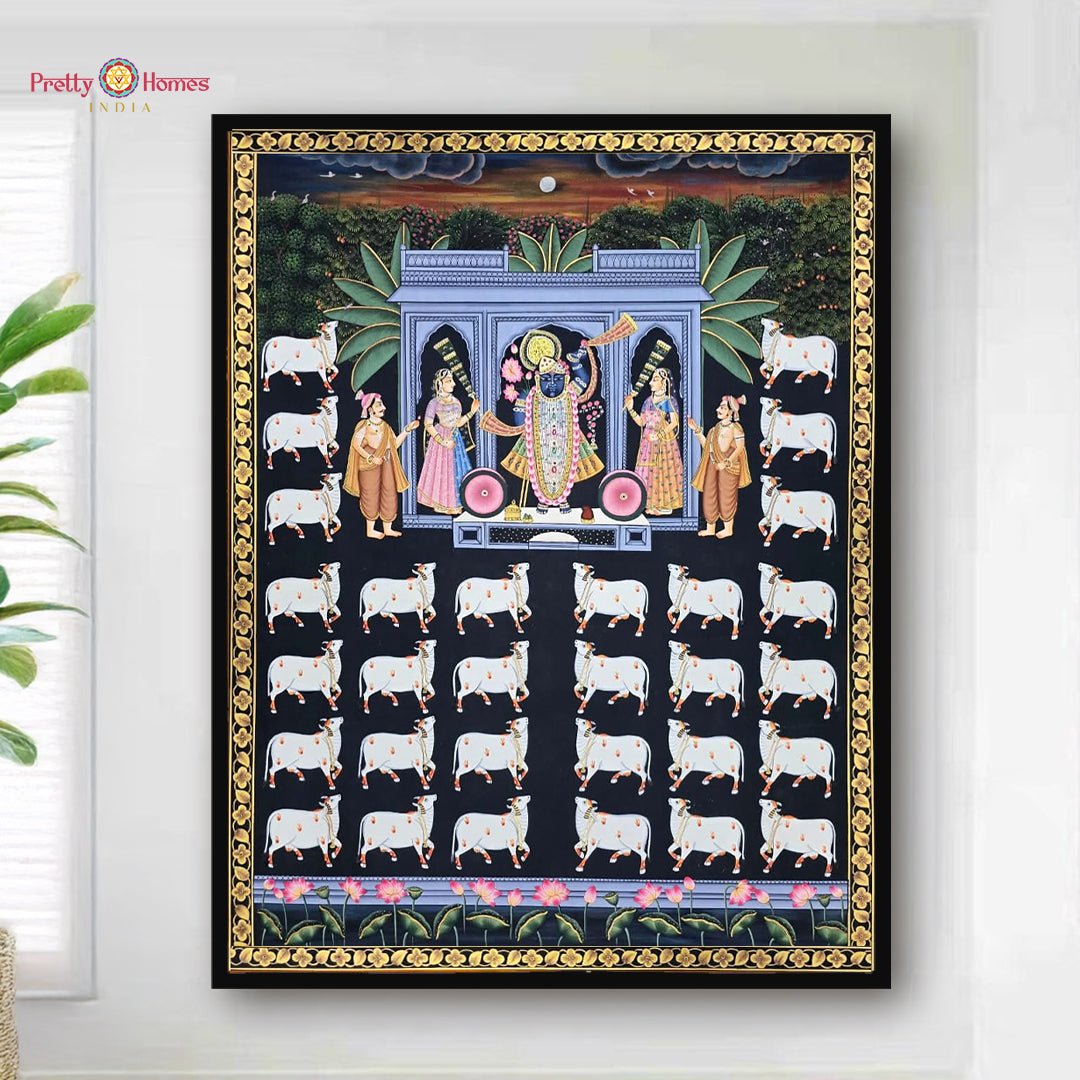 Handpainted Shrinathji Darshan Pichwai with gopikas and sacred cows