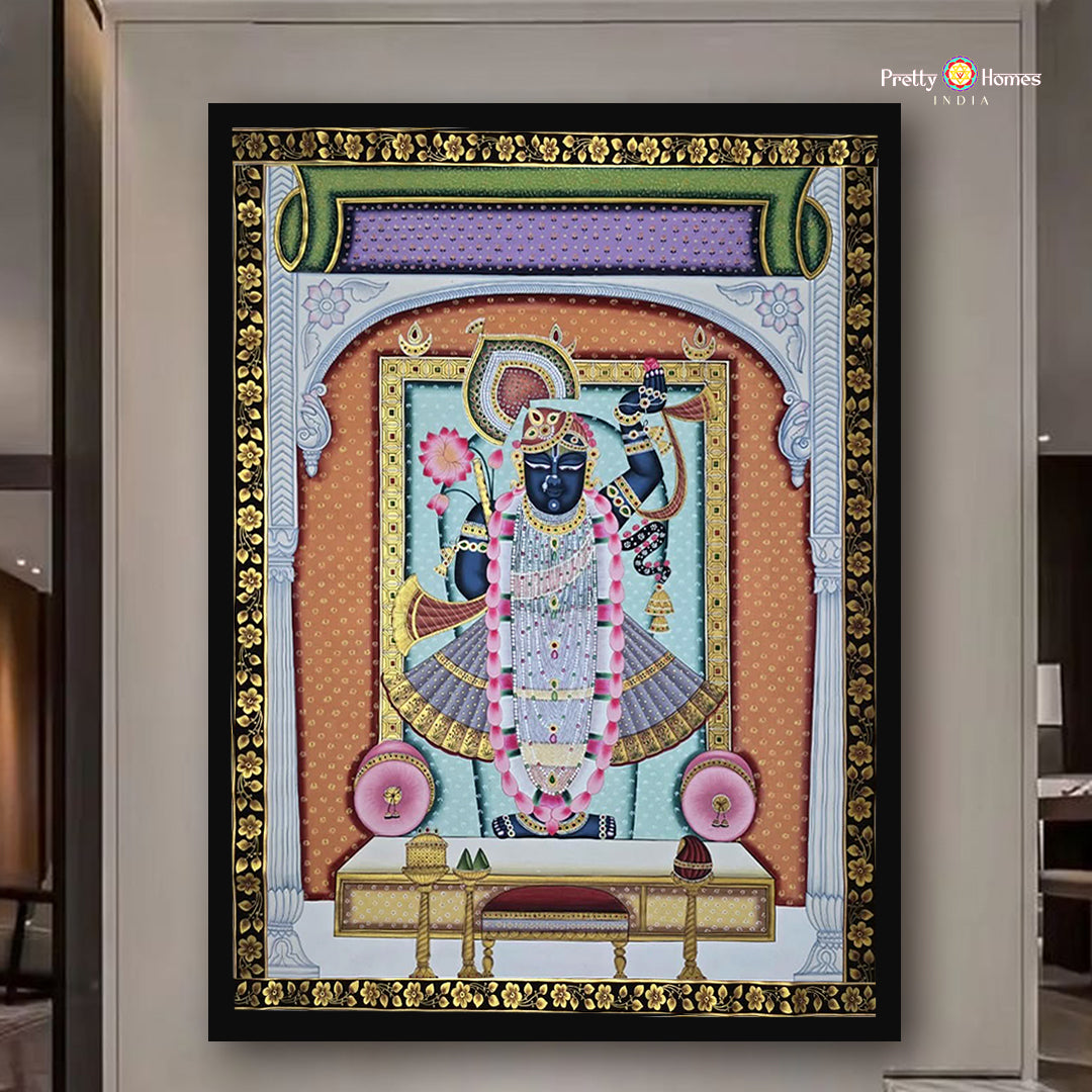 Handpainted Shrinathji Darshan Pichwai with ornate border