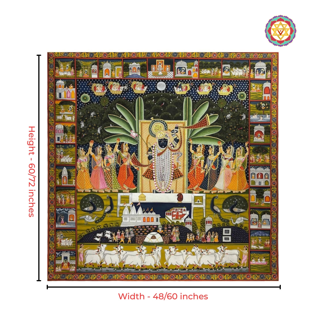 Full view of large heritage Shrinathji pichwai painting in forest setting