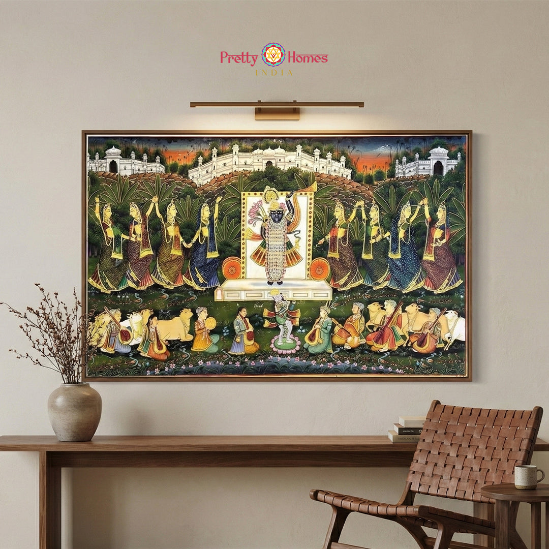Handpainted Shrinathji pichwai mural-style devotional artwork with gopikas