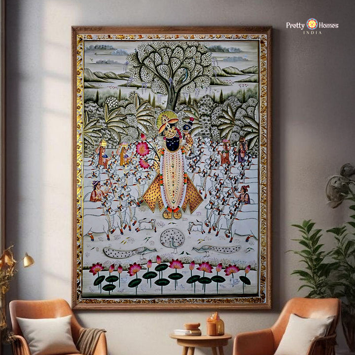 Handpainted Shrinathji Pichwai with cows and cowherds in forest