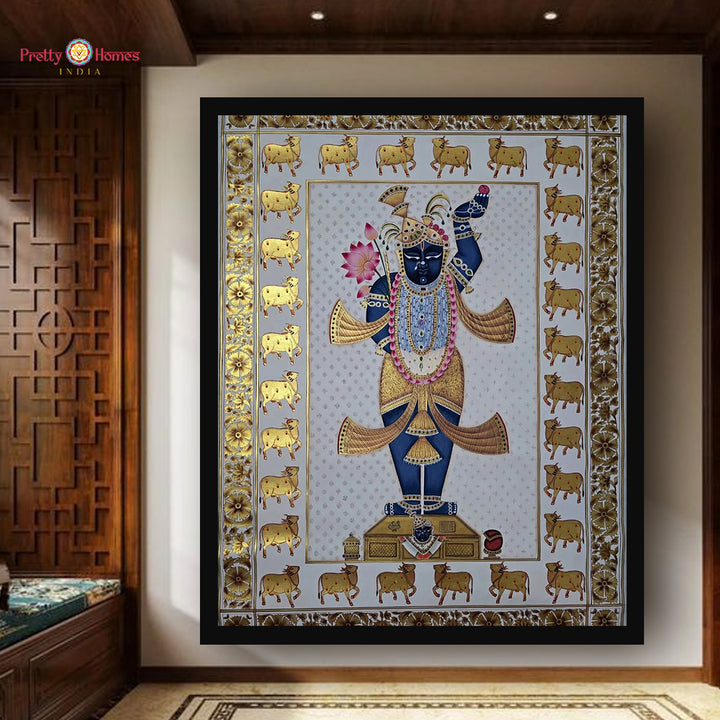 Handpainted Shrinathji Pichwai with golden cows and ornate border