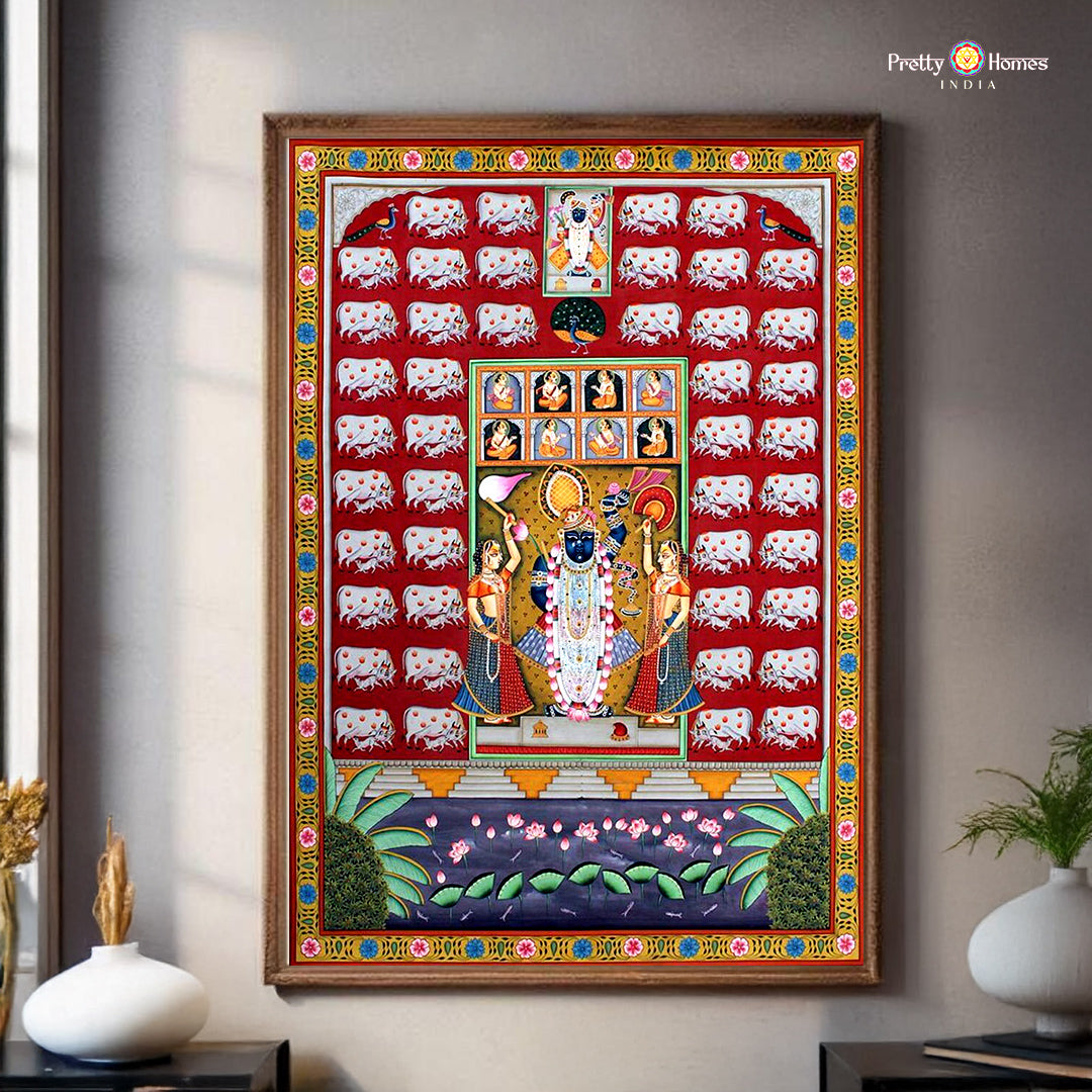 Handpainted Shrinathji Pichwai with cows and gopikas wall art