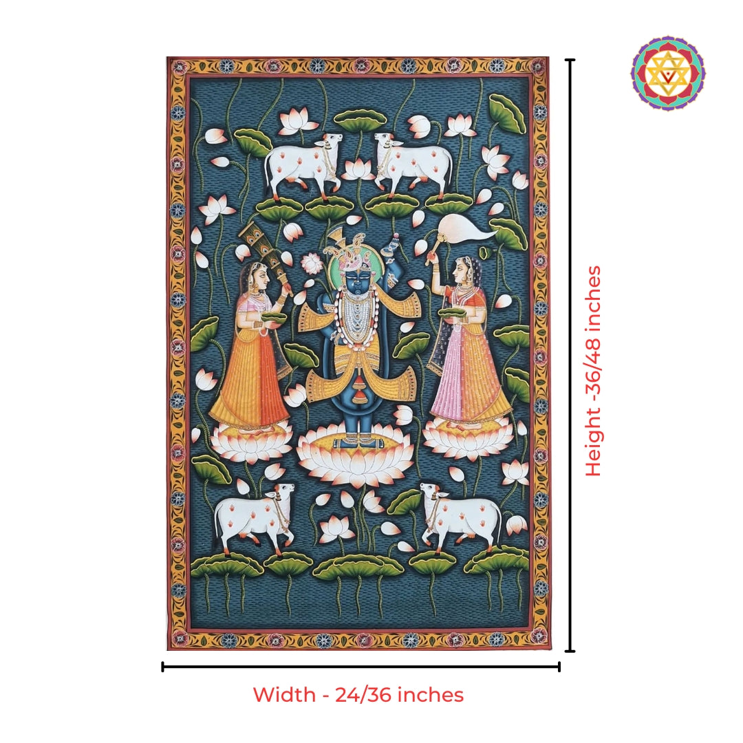 Traditional lotus pond themed Shrinathji Pichwai painting with intricate handpainted detailing