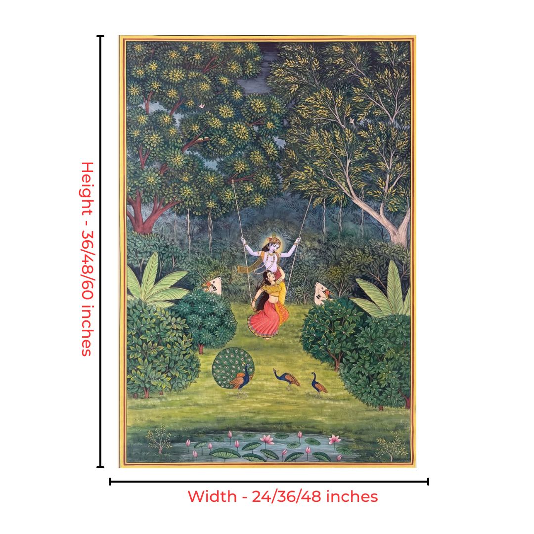 pichwai painting with swing and traditional garden setting