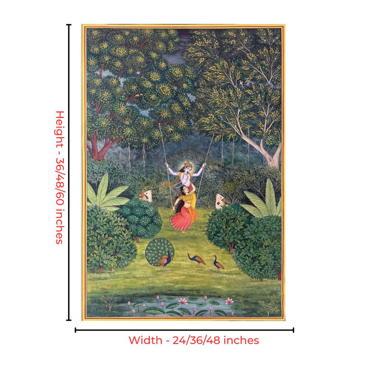 pichwai painting with swing and traditional garden setting