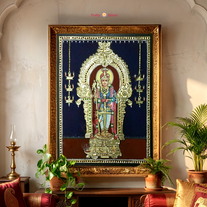 Handpainted Tanjore painting Lord Murugan with hanging deepams