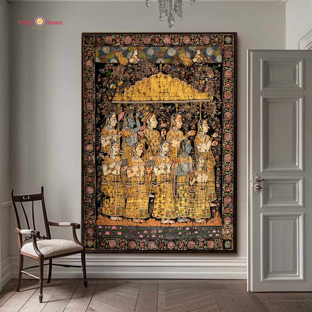 Handpainted vintage black Krishna Pichwai with gopikas wall art