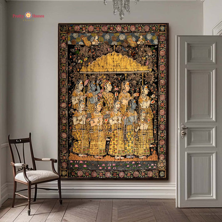 Handpainted vintage black Krishna Pichwai with gopikas wall art