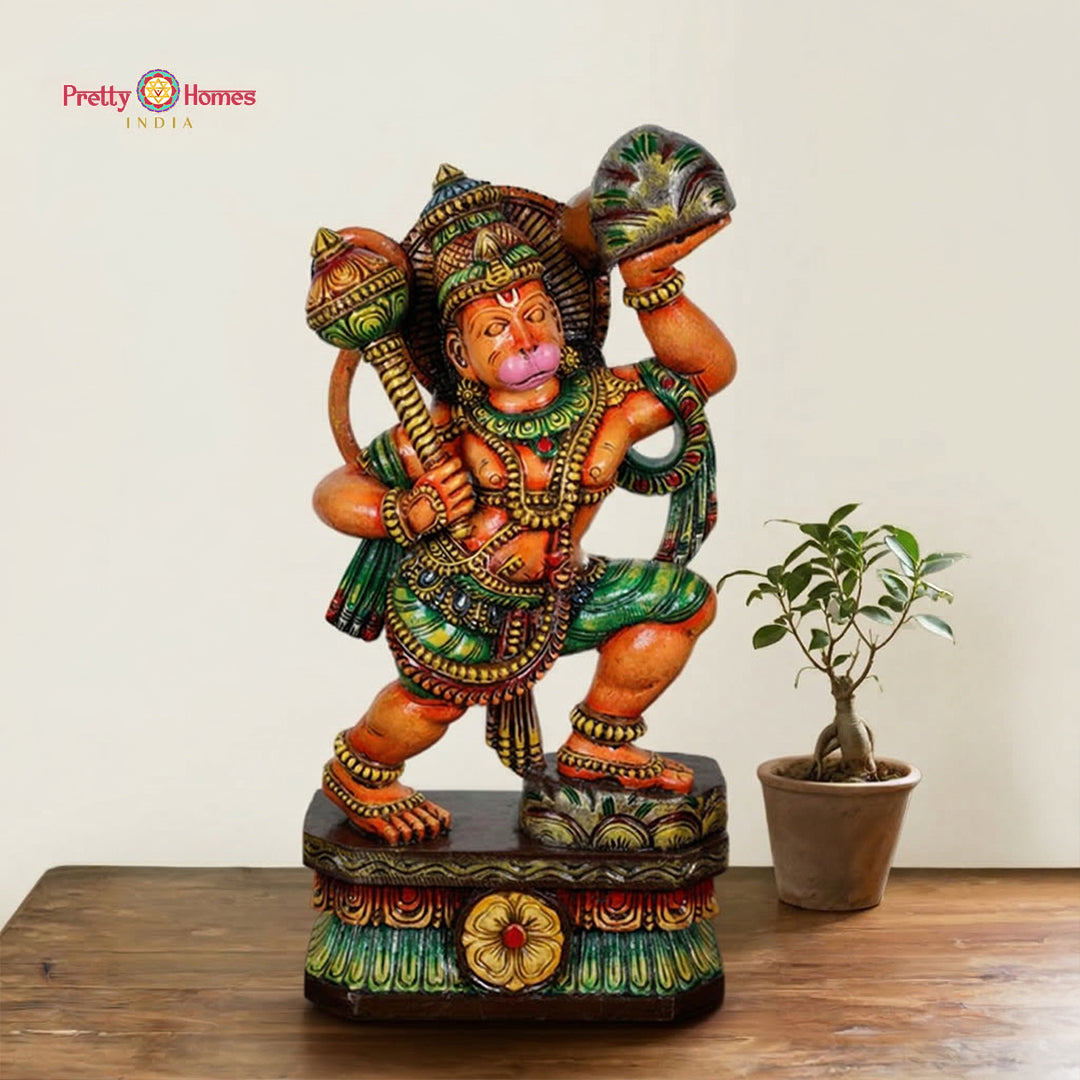 handcarved wooden statue hanuman with gada and mountain