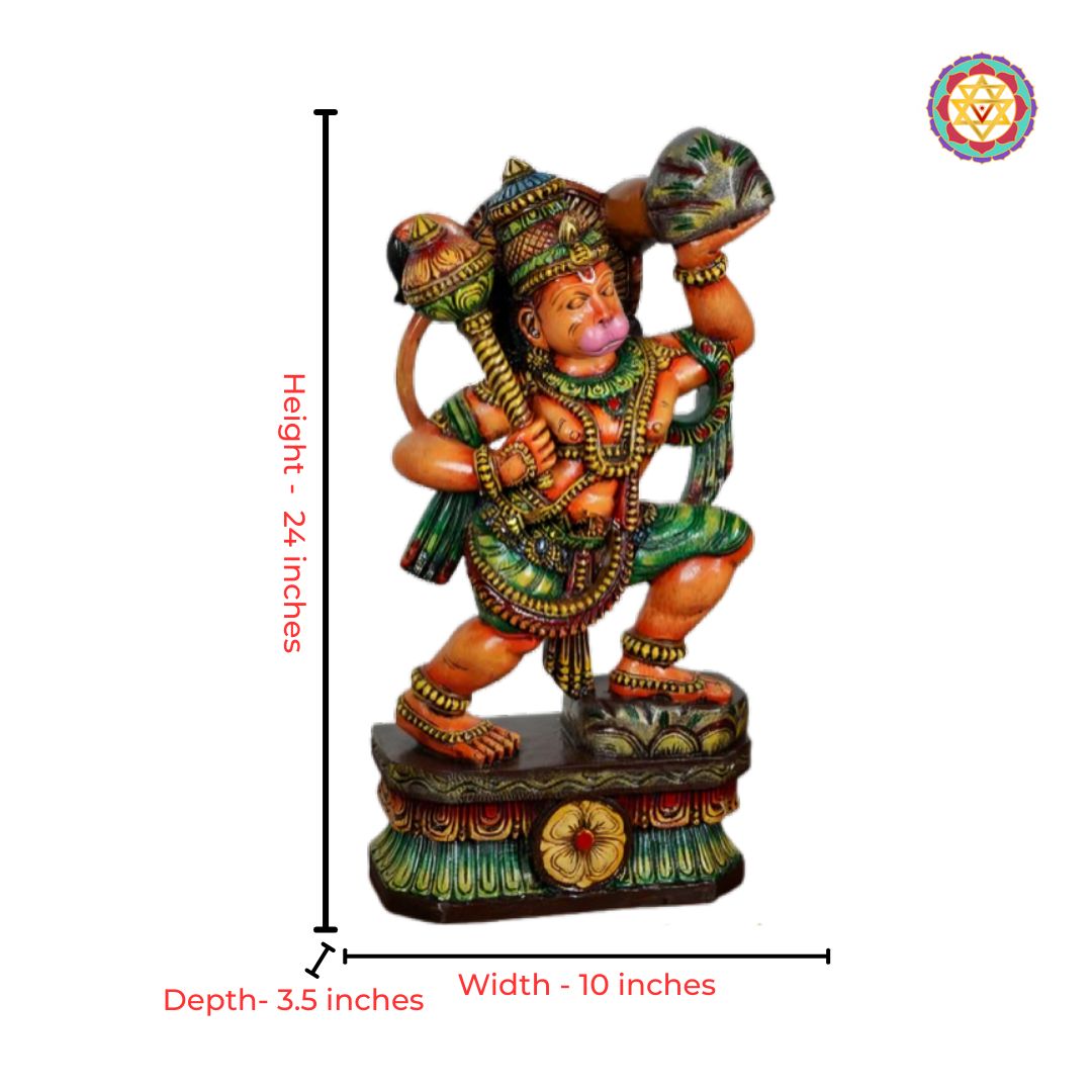 handcarved wooden sculpture hanuman carrying sanjeevani parvat