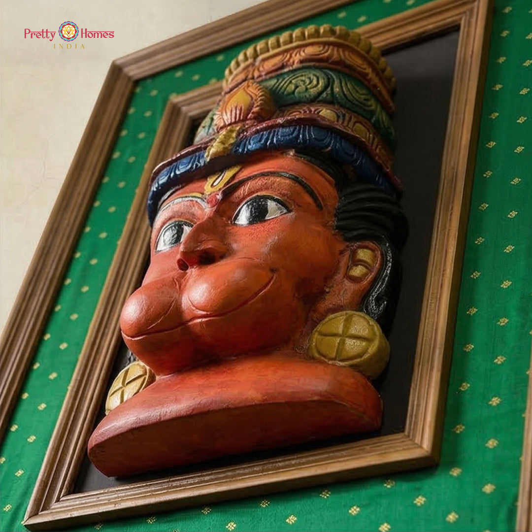 hanuman wall decor wooden carved face with silk background