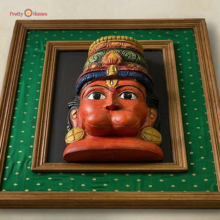 lord hanuman wooden face wall hanging with carved detailing