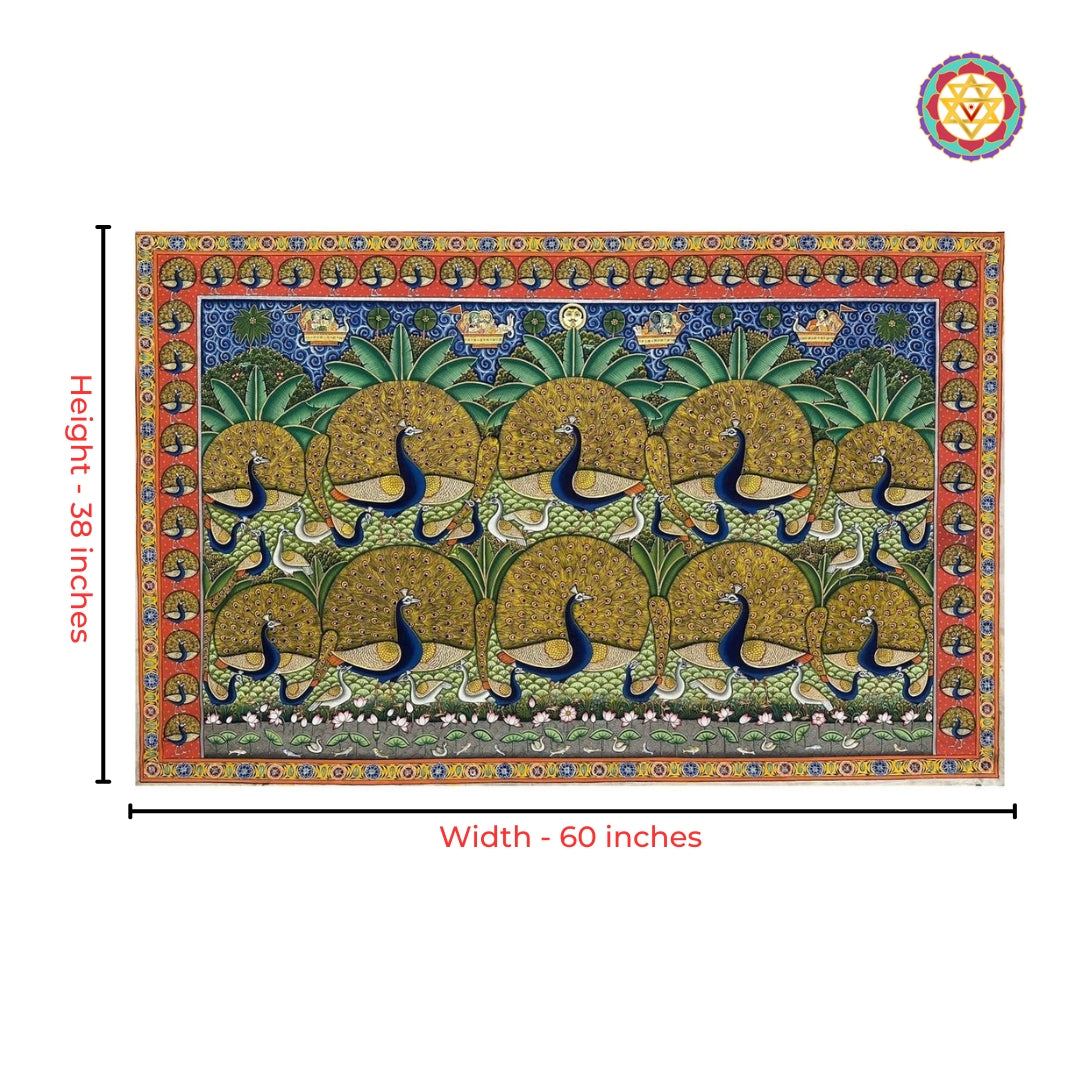 Elegant peacock forest scene pichwai wall art with rich natural colors