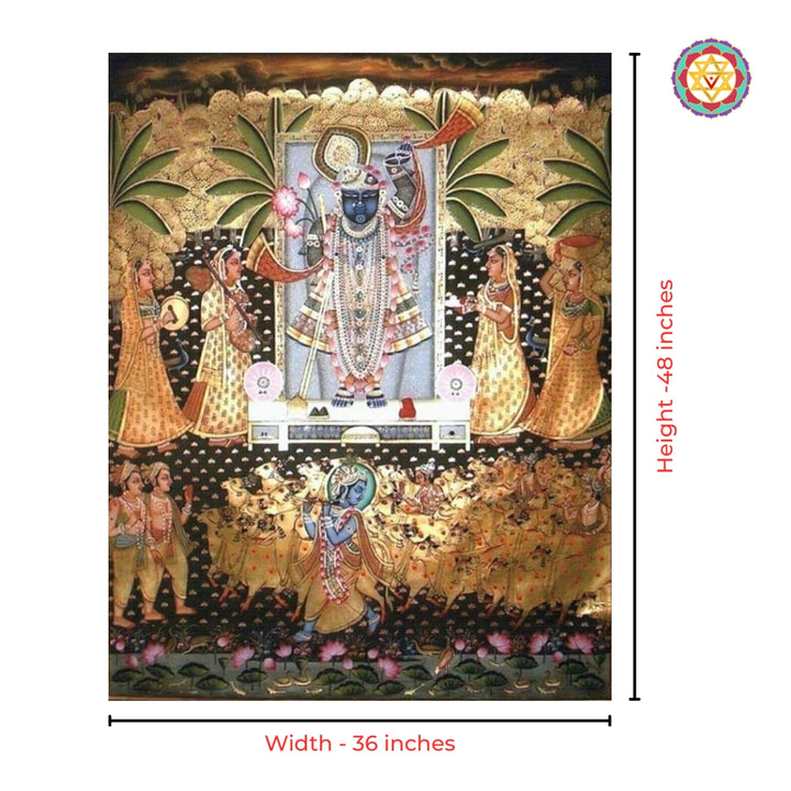 Shrinathji Pichwai wall painting with divine cows and Gopikas in antique traditional style