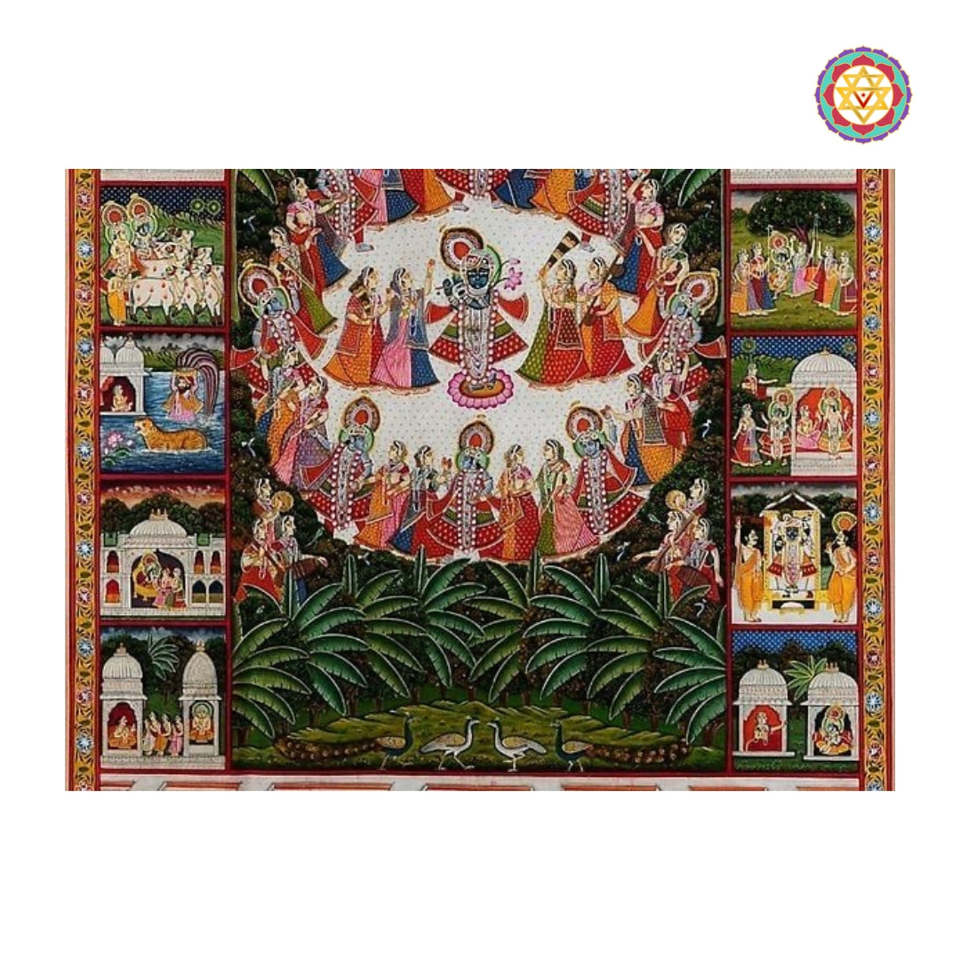 Close-up detailing of Raas Leela pichwai artwork with decorative borders