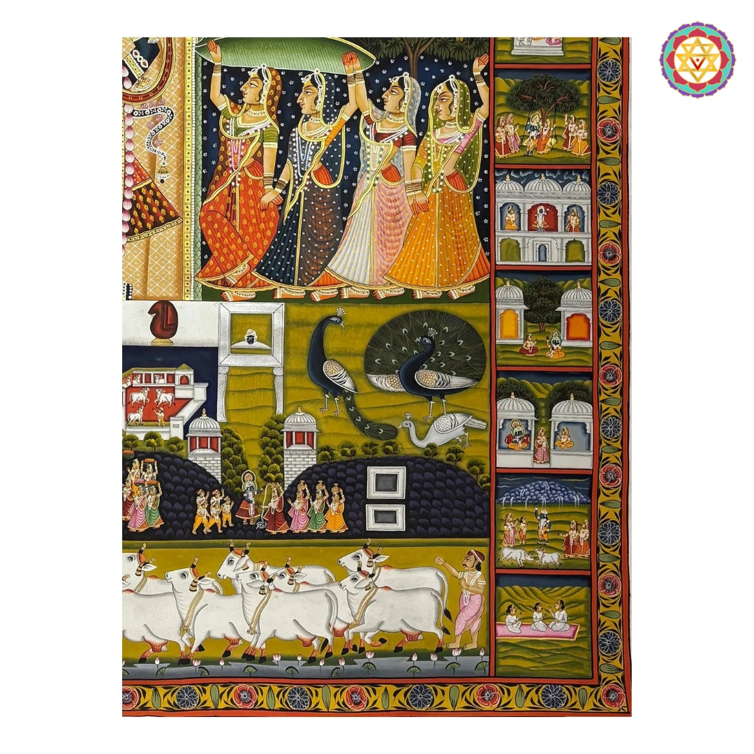 Intricate heritage brushwork in Shrinathji forest-themed pichwai artwork