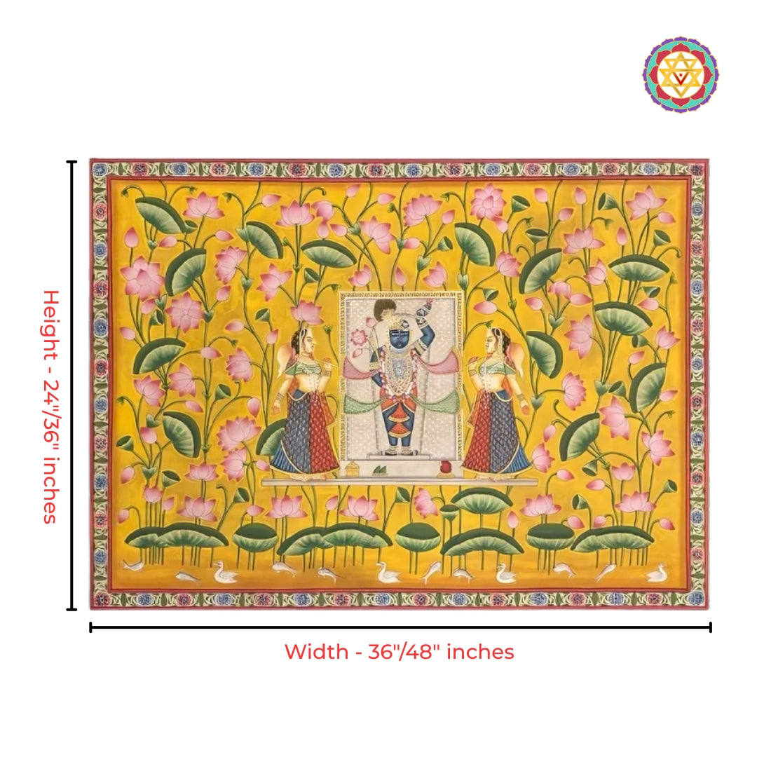 Devotional lotus pond pichwai painting featuring Shrinathji and gopikas