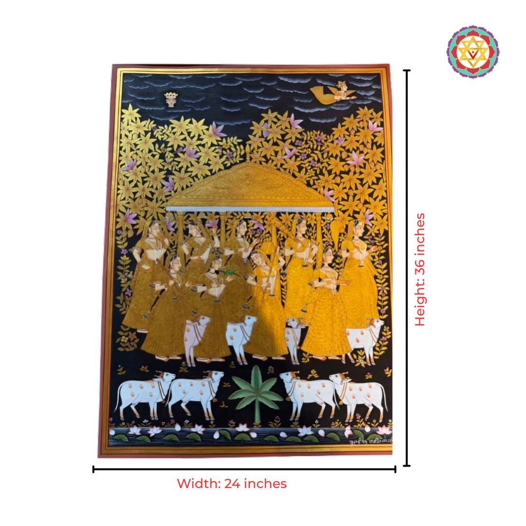 Exquisite musical apsaras handpainted Pichwai artwork with traditional textures and gold finish