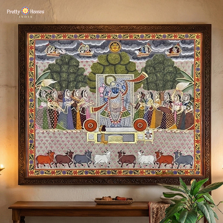 Heritage style large pichwai painting of Shrinathji with gopikas in devotional theme