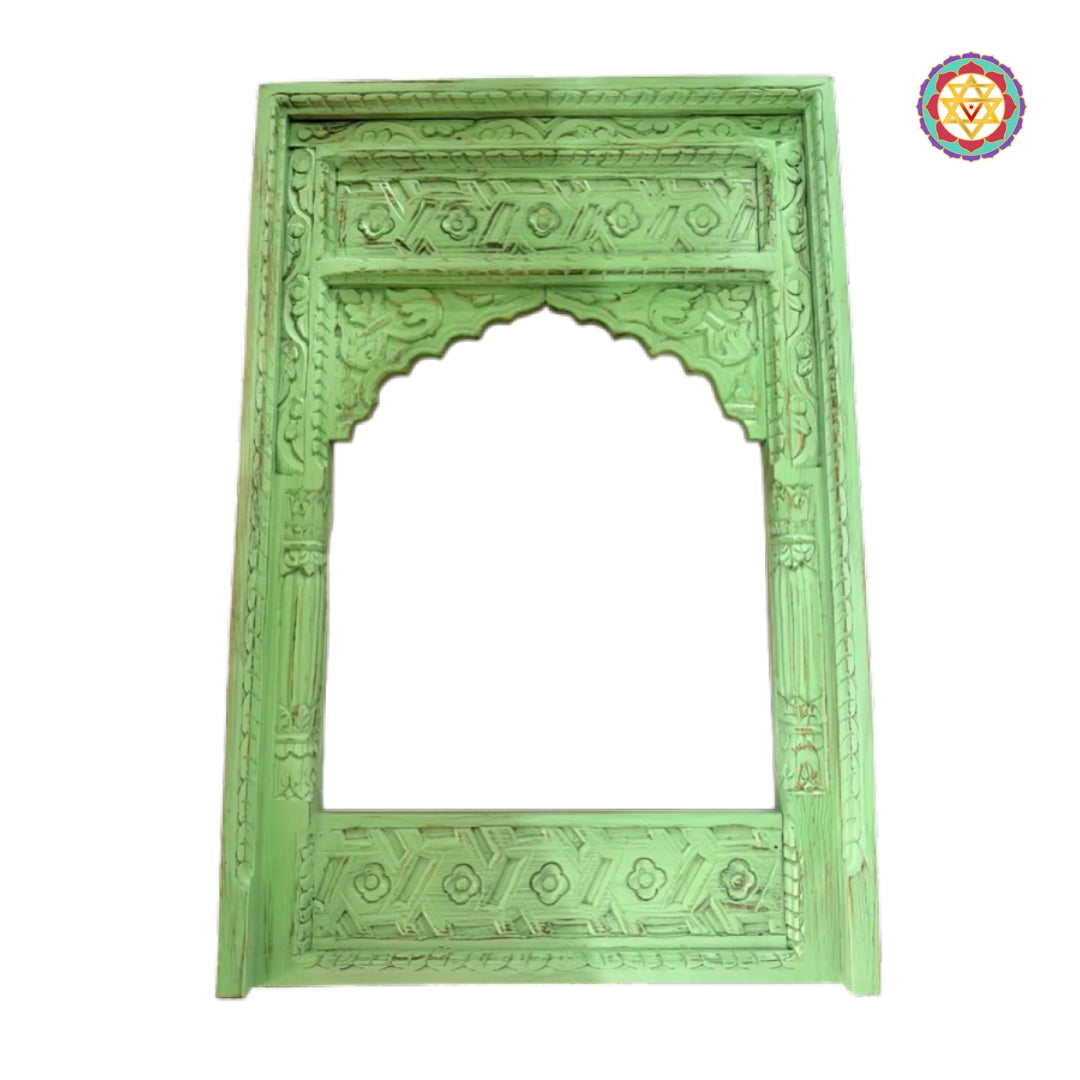 Traditional palace-inspired wooden jharokha frame with ornate carving